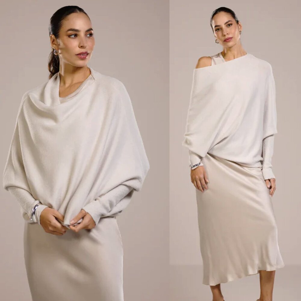 Jaki London Asymmetrical Draped Long Sleeve Sweater Light Beige Size S/M Italy - Picture 13 of 13